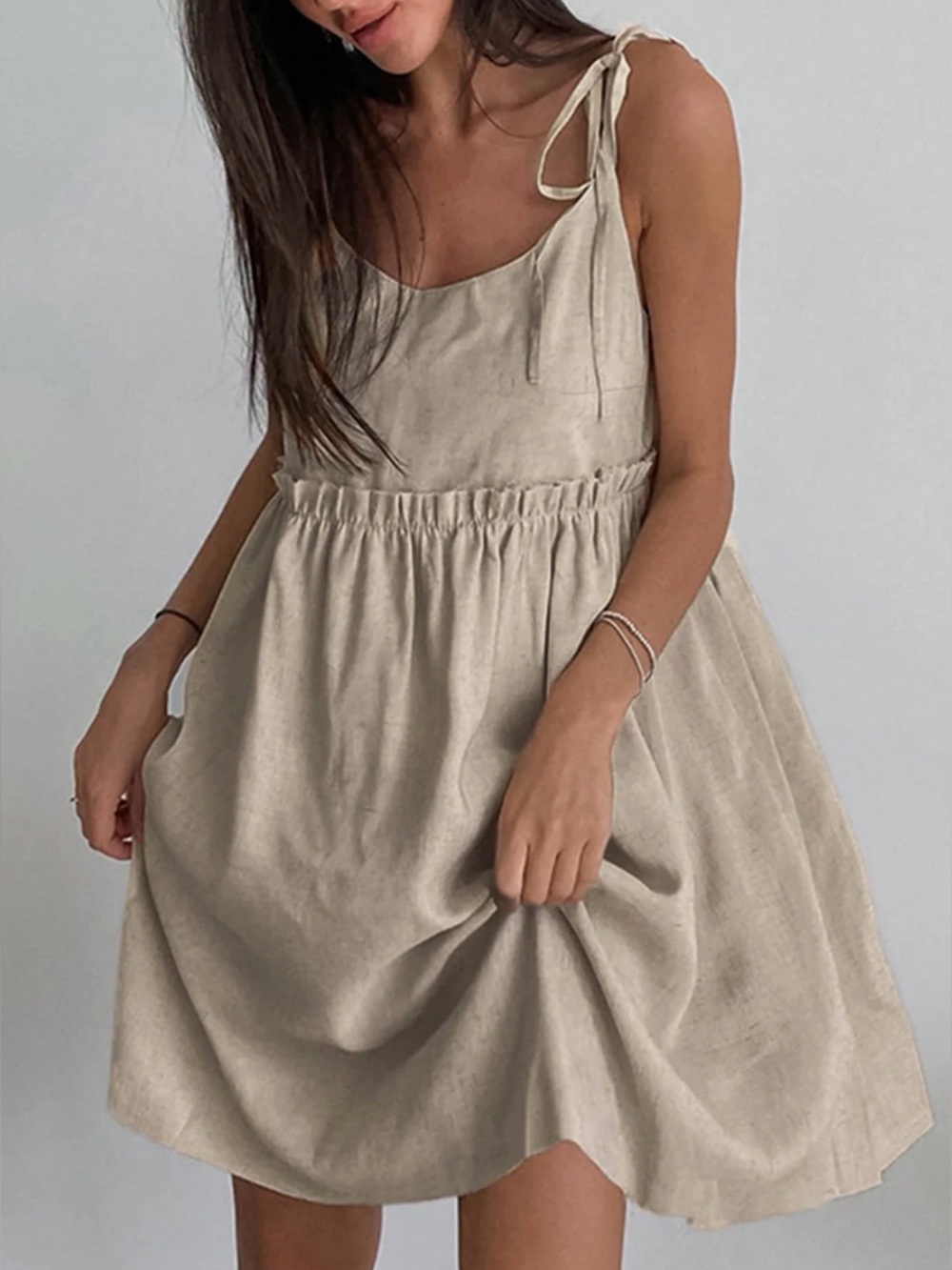 NWT Commense Size Small Cotton Linen Tie-Shoulder Mini Dress in Beige Tan Ruffle - Picture 1 of 15